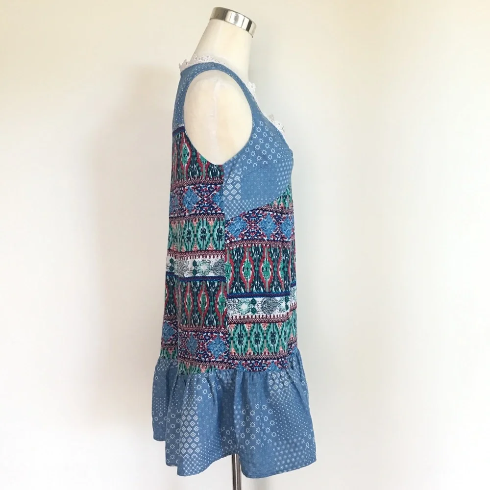 Blue Printed Sleeveless Drop Hem Mini Dress - Picture 2 of 8
